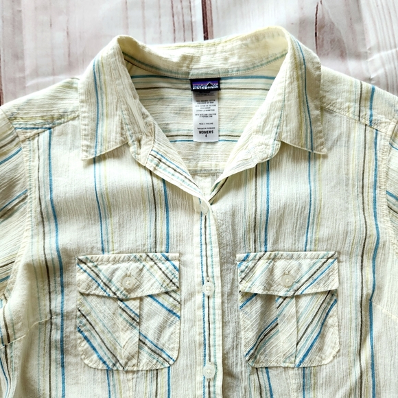 Patagonia Pale Yellow Pinstripe Long Sleeve Button Shirt Blouse | Women's Size 4 - Picture 3 of 8
